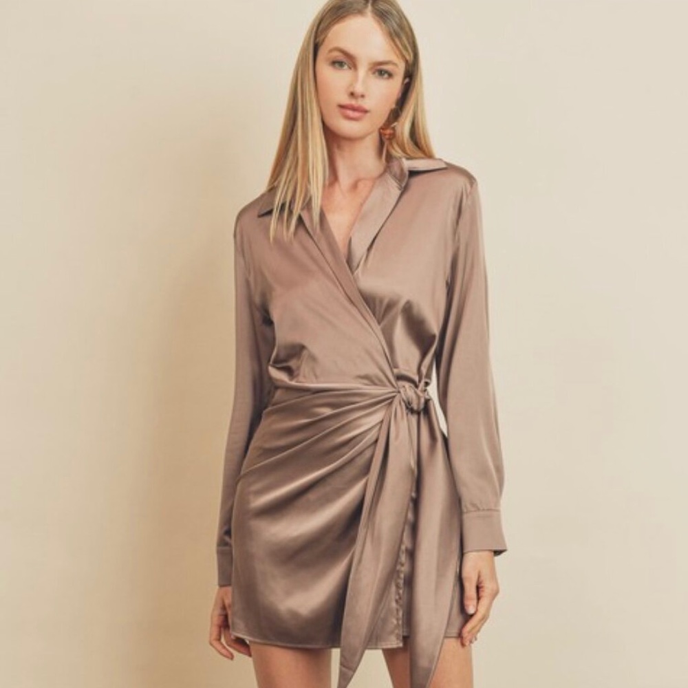 Satin Tie Shirt Dress